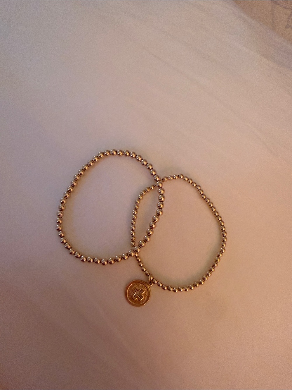 Gold Beaded Stretch Bracelet Set with Cross Charm
